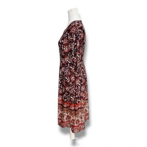 Shelby & Palmer Burgundy Floral Fit & Flare Midi Dress 3/4 Sleeve Women’s Small - Picture 5 of 9